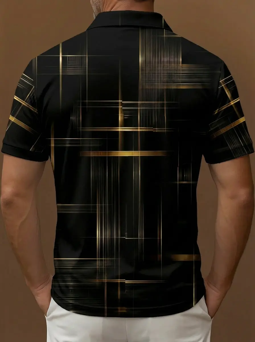Black Gold Geometric Line Grid Pattern Button Short Sleeve Golf Polo Shirt
