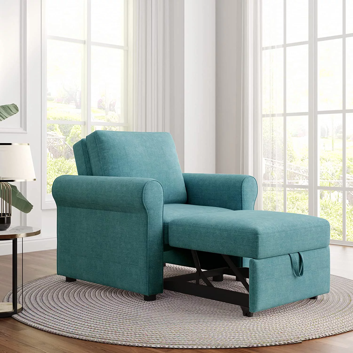Convertible Sleeper Chair Bed, 3-In-1 Single Chair Bed With Adjustable Backrest, Pull Out Sleeper Chair Futon Sofa Chair, Modern Linen Fabric, Teal