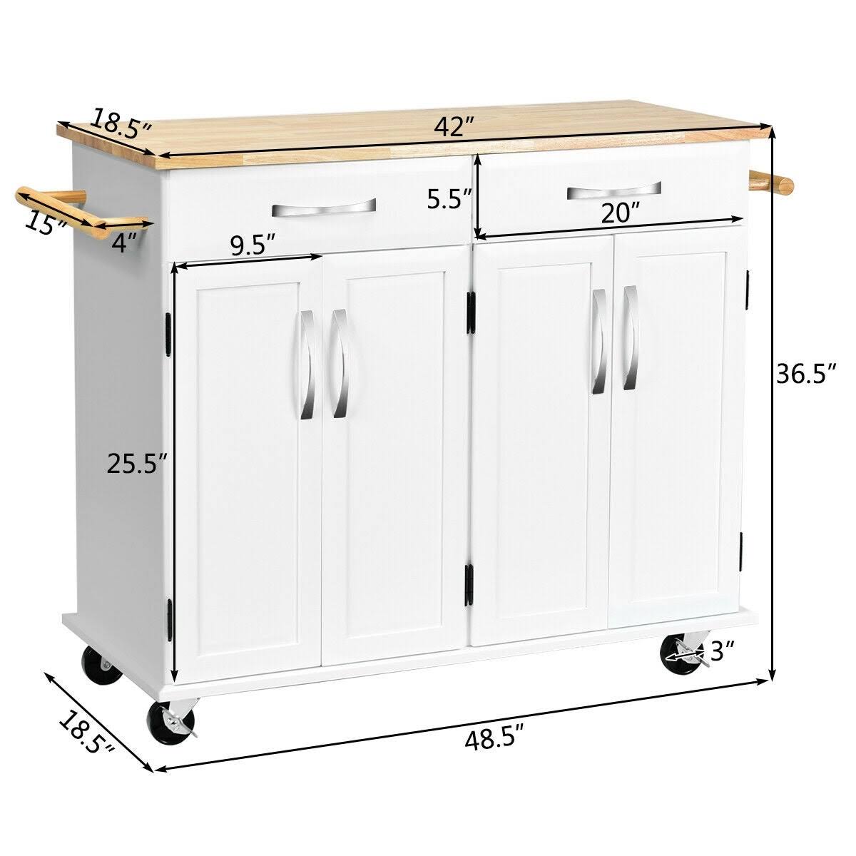 Costway Kitchen Trolley Island Utility Cart Wood Top Rolling Storage - White