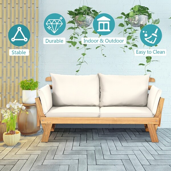 Gymax Adjustable Patio Sofa Daybed Acacia Wood Furniture w/ White