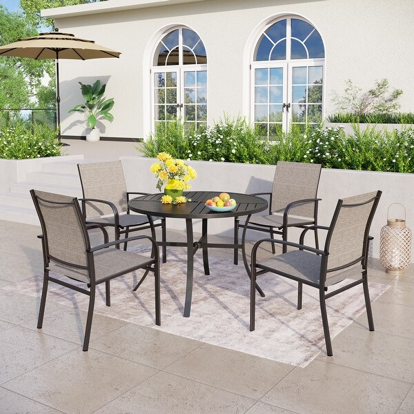 MAISON ARTS 5Piece Patio Dining Set,Geometrically Stamped Round Table and 4 Textilene Dining Chairs
