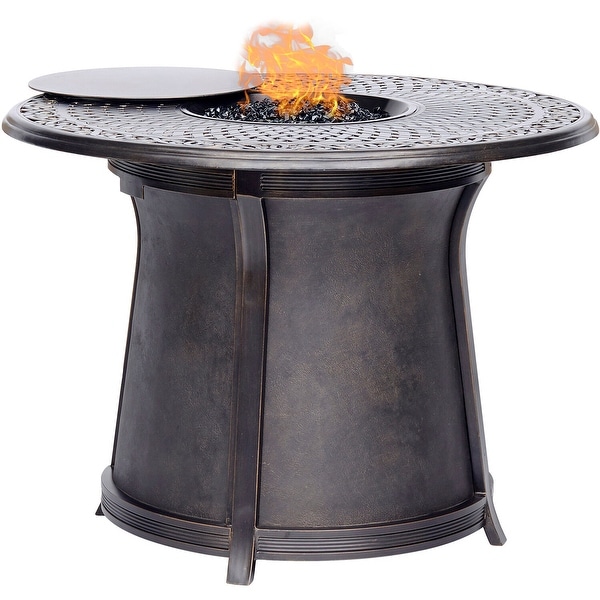 Hanover Traditions 5Piece HighDining Set in Blue with 4 Padded CounterHeight Swivel Chairs and 40,000 BTU Fire Pit Table