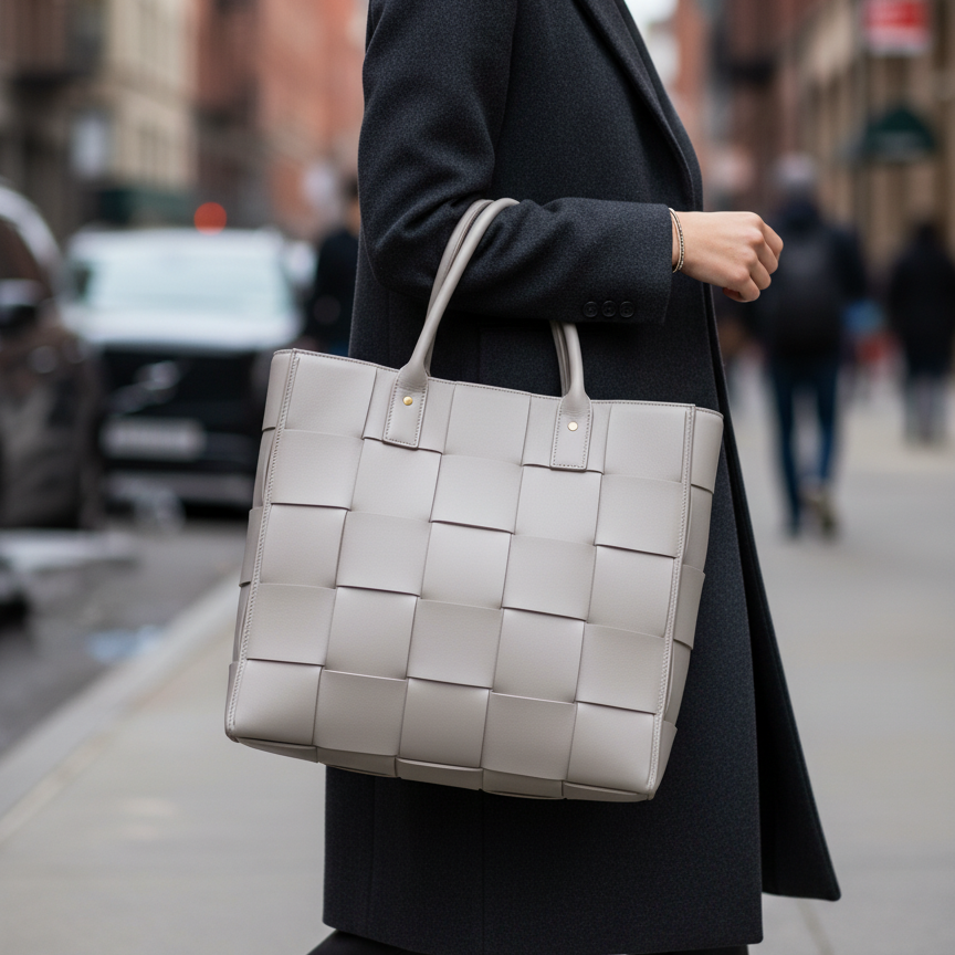 Light Taupe Woven Leather Tote Bag