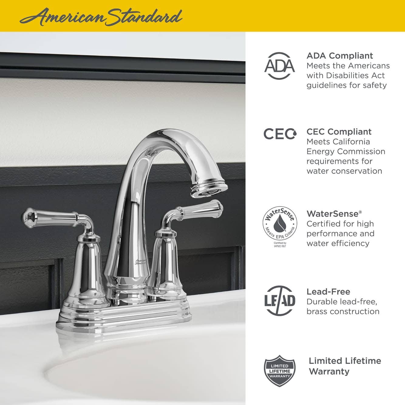 American Standard 7052207.013 Delancey Centerset Bathroom Faucet with Pop-Up Drain, Polished Nickel
