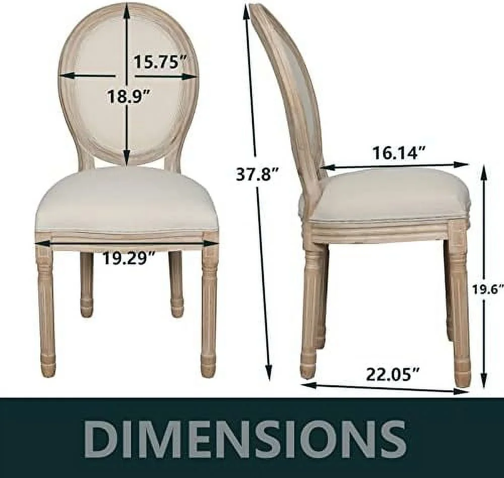 MQLIFEBOOM French Dining Chair Linen Fabric Upholstered Farmhouse Dining Chairs with Oval Backrest Vintage Solid Wood Dining Chairs for Kitchen Restaurant Dining Room
