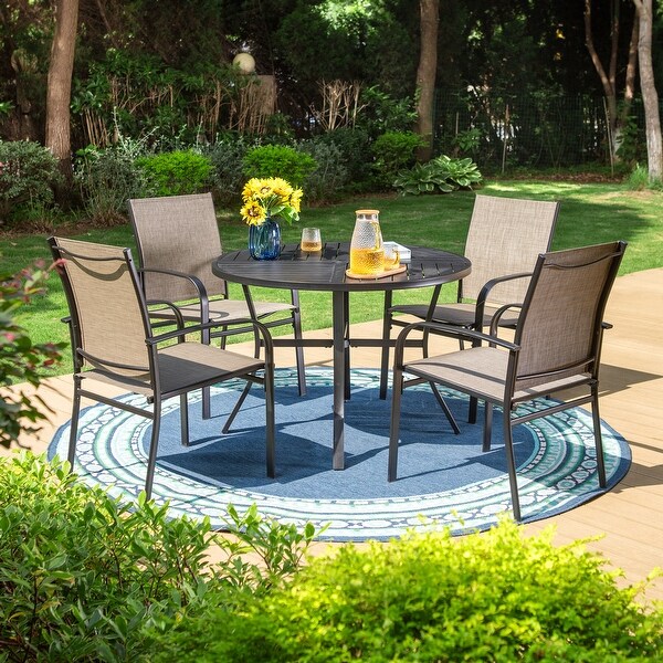 MAISON ARTS 5Piece Patio Dining Set,Geometrically Stamped Round Table and 4 Textilene Dining Chairs
