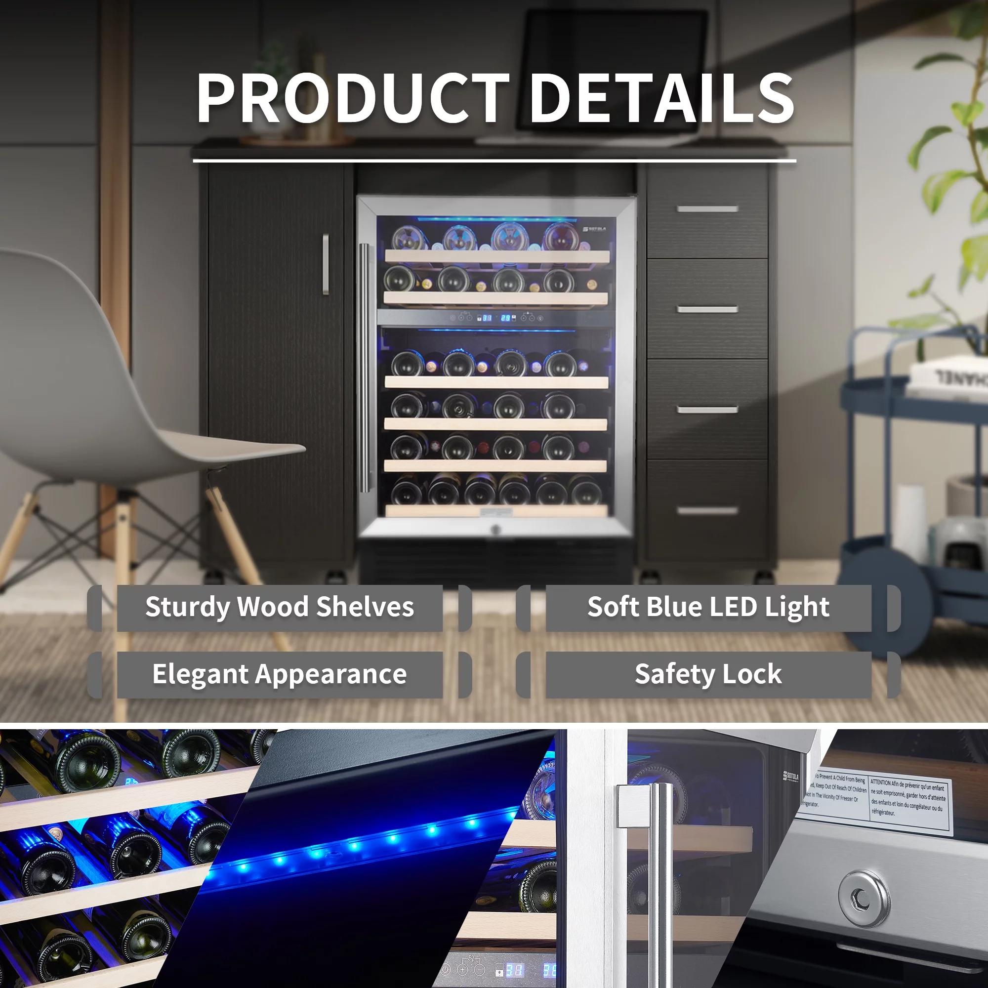 Lausatek 24 inch 46 Bottle Wine Cooler Cabinet Beverage Fridge Small Wine Cellar Soda Beer Counter Top Bar Quiet Operation Compressor Freestanding Clear Glass Door for Office