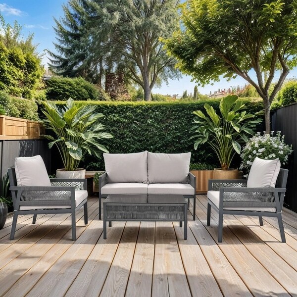 4Piece Patio Conversation Set with Tempered Glass Table,Outdoor Loveseat Chair Set with Thick Cushion for Backyard,Grey