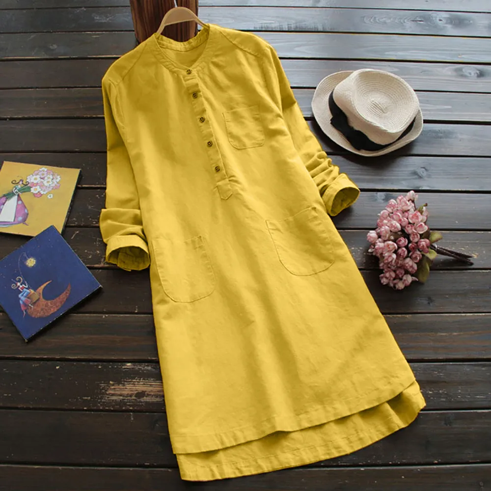 Linen-Cotton Maxi Dress with Pockets & Mandarin CollarClistos