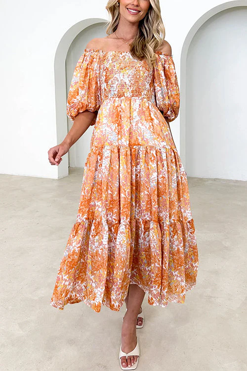 Off Shoulder Tiered Midi Dress Puff SleeveClistos