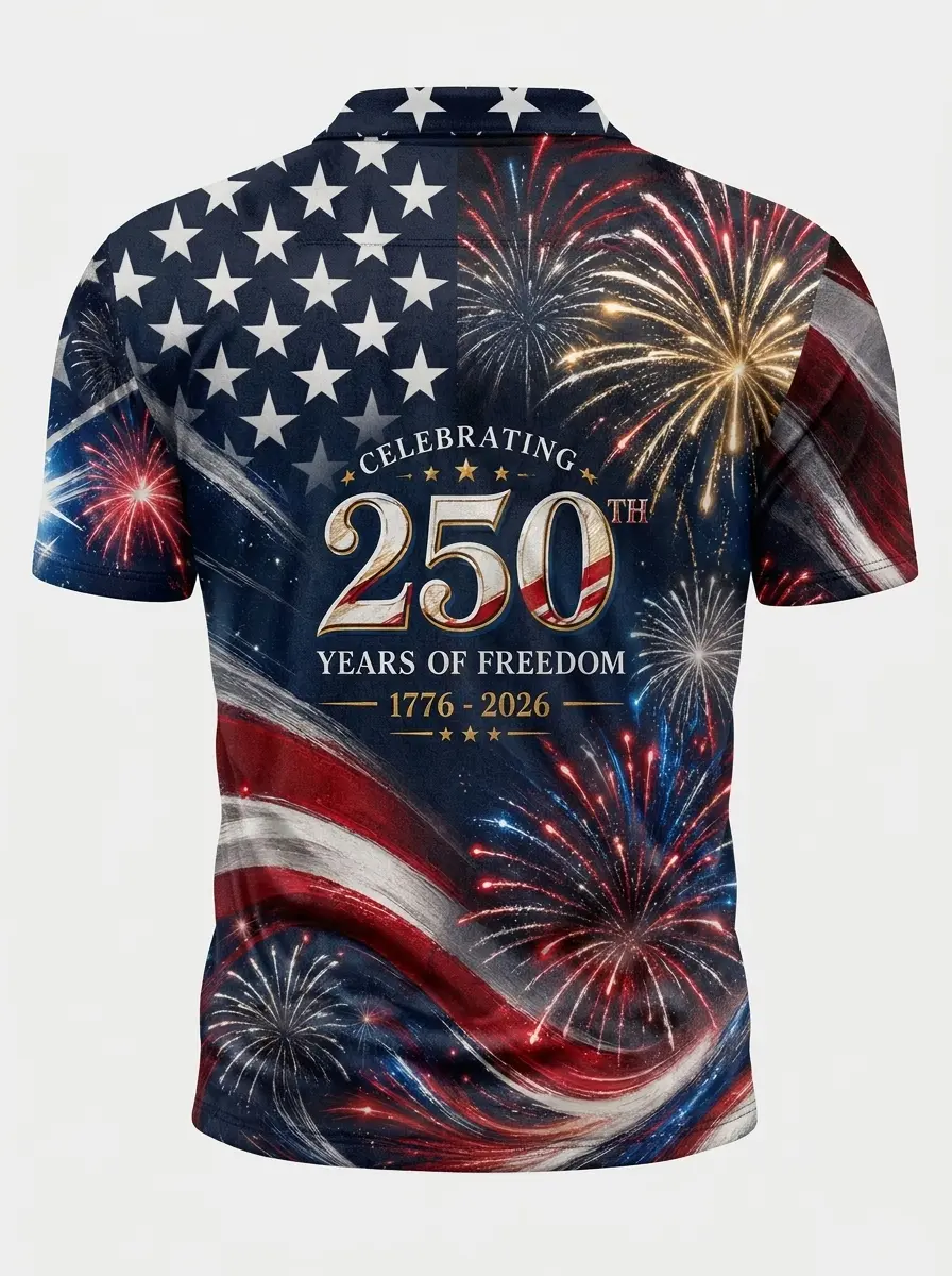 Moisture Wicking Golf Polo 3D 250th Anniversary Fireworks Flag Celebration Button Short Sleeve Golf Polo Shirt