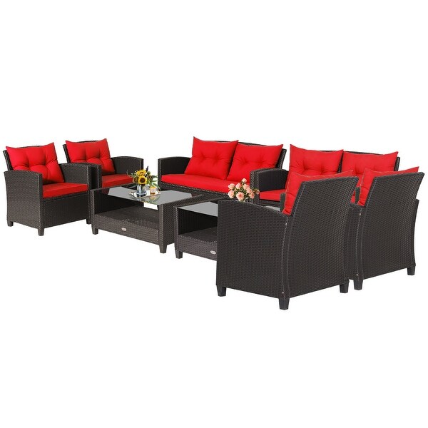 Costway 8 PCS Patio Rattan Furniture Set Glass Table Shelf Sofa