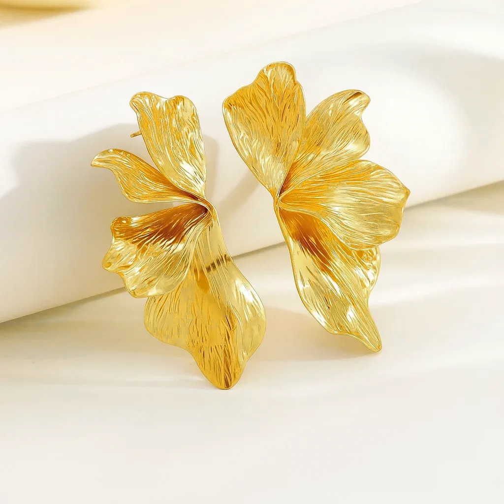 Golden Ginkgo Leaf Layered Flower Earrings for Women