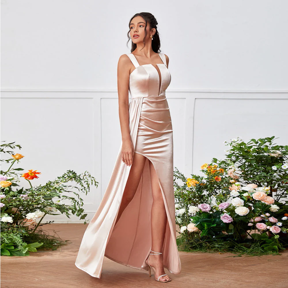 Plunging Square Neck Maxi Dress with High SlitClistos