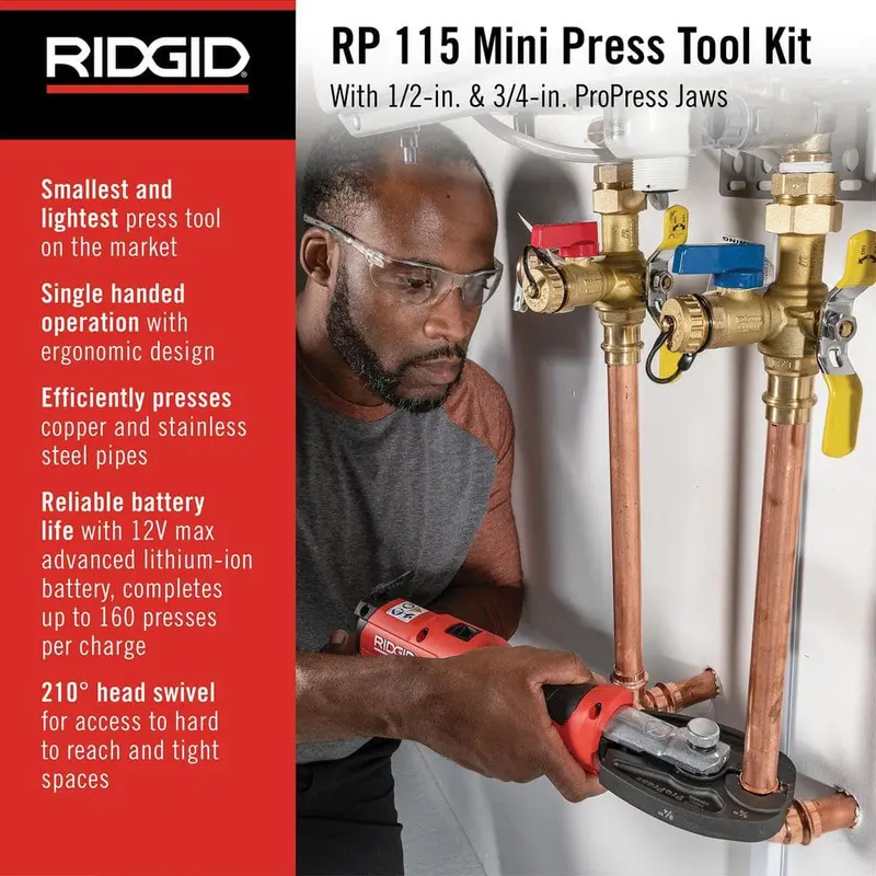 RIDGID RP 115 Mini Press Tool Kit for 1/2 in. – 3/4 in. Copper & Stainless Fittings with 12V Li-Ion Battery (Includes 6 Items) 72553