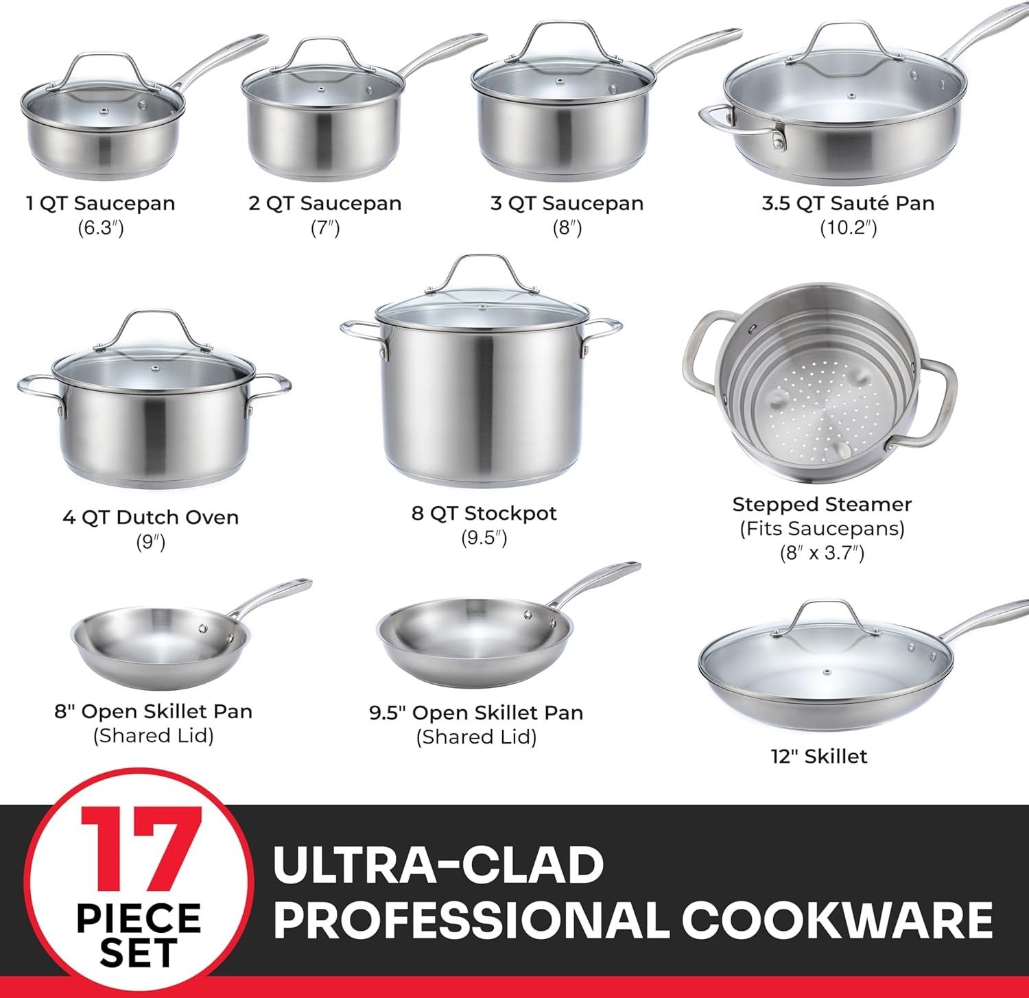 17-Piece Tri-Ply Stainless Steel Cookware Set Induction Ready Oven Safe 360°F Silver