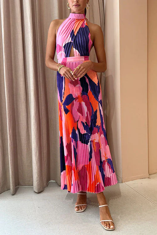 Backless Cut Out Maxi Dress - Pleated Halter GownClistos