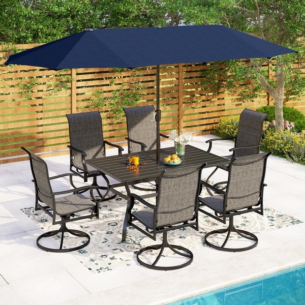 MAISON ARTS 7/8 Pieces Patio Dining Set,Rectangular Black Metal Table with 6 Padded Textilene Fabric Swivel Chairs