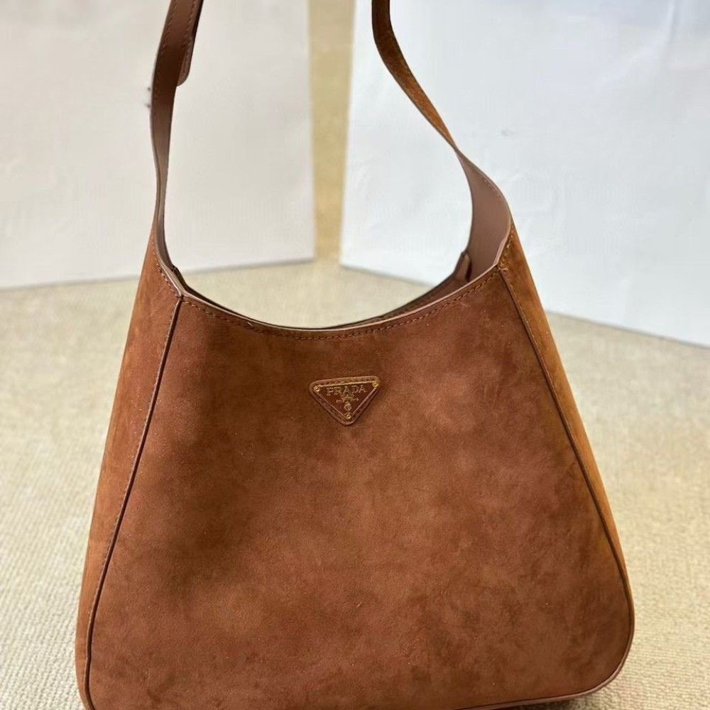 Prada Suede Hobo Bag Brown 13.4 Inches 1BC181 2C4S F0324