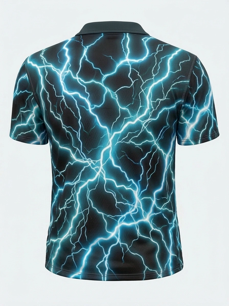 Moisture Wicking Golf Polo 3D Black Blue Lightning Button Short Sleeve Golf Polo Shirt
