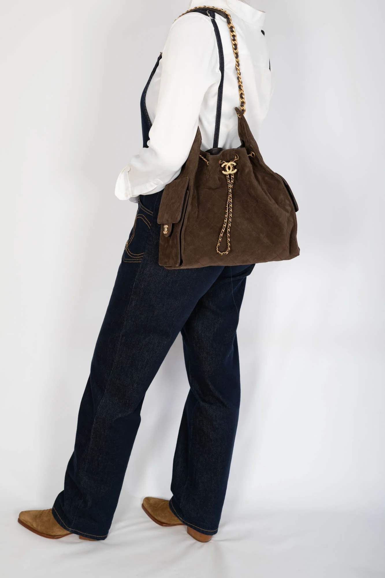 Chanel 25 Medium Handbag Dark Brown Quilted Suede Gold Hardware