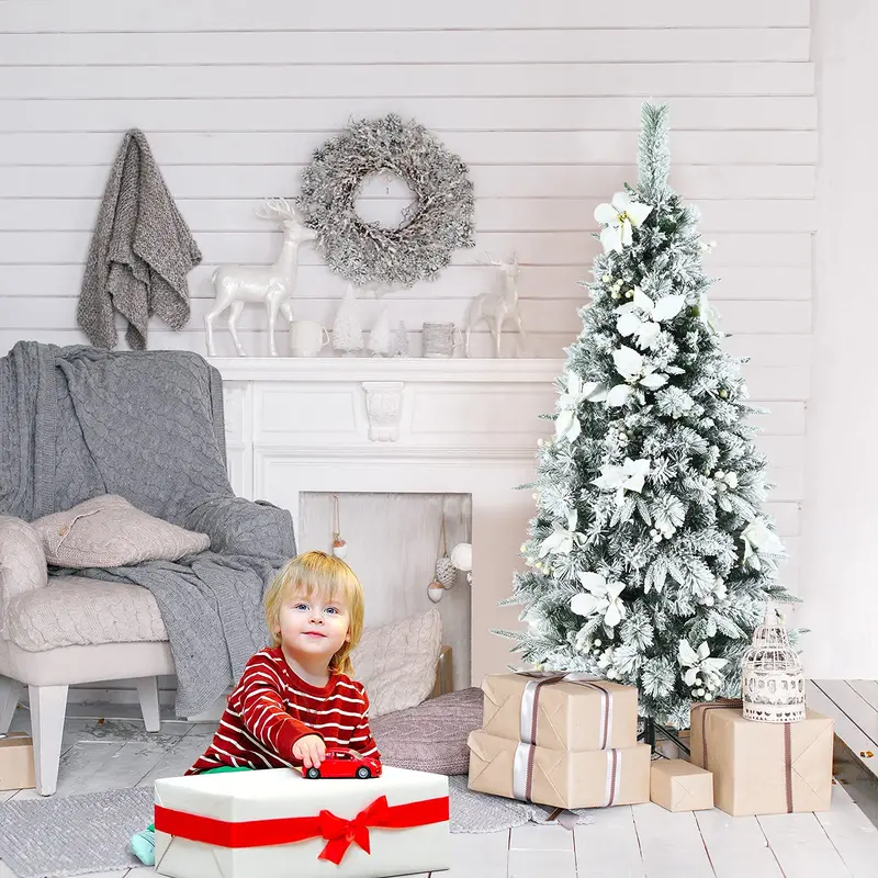 Slim Snow-Flocked Pencil Christmas Tree with White Berries – Hinged Artificial Xmas Tree