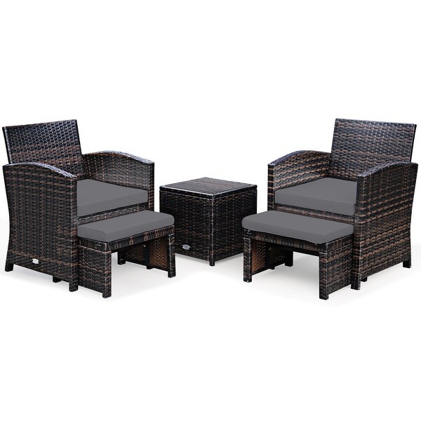 Gymax 5PCS Rattan Patio Furniture Set Chair and Ottoman Set w/ Grey