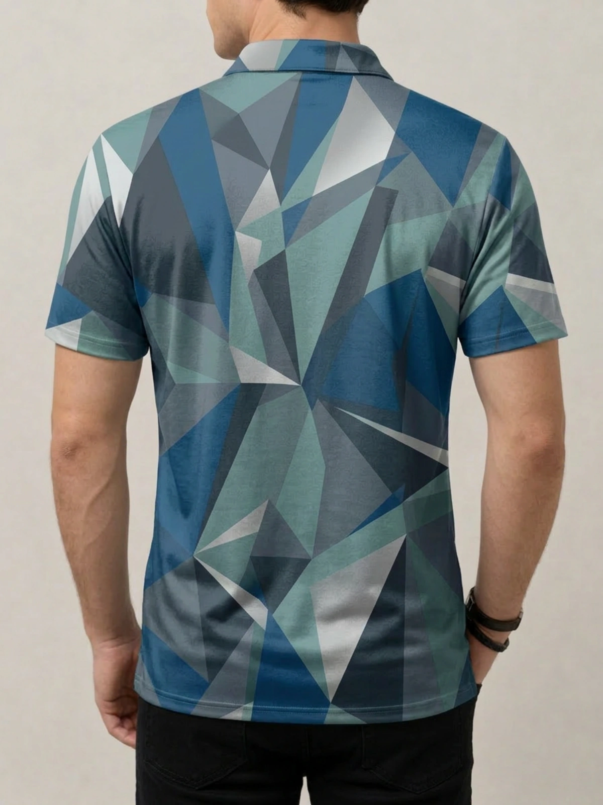 Blue Grey Teal Polygonal Geometric Print Short Sleeve Golf Polo Shirt