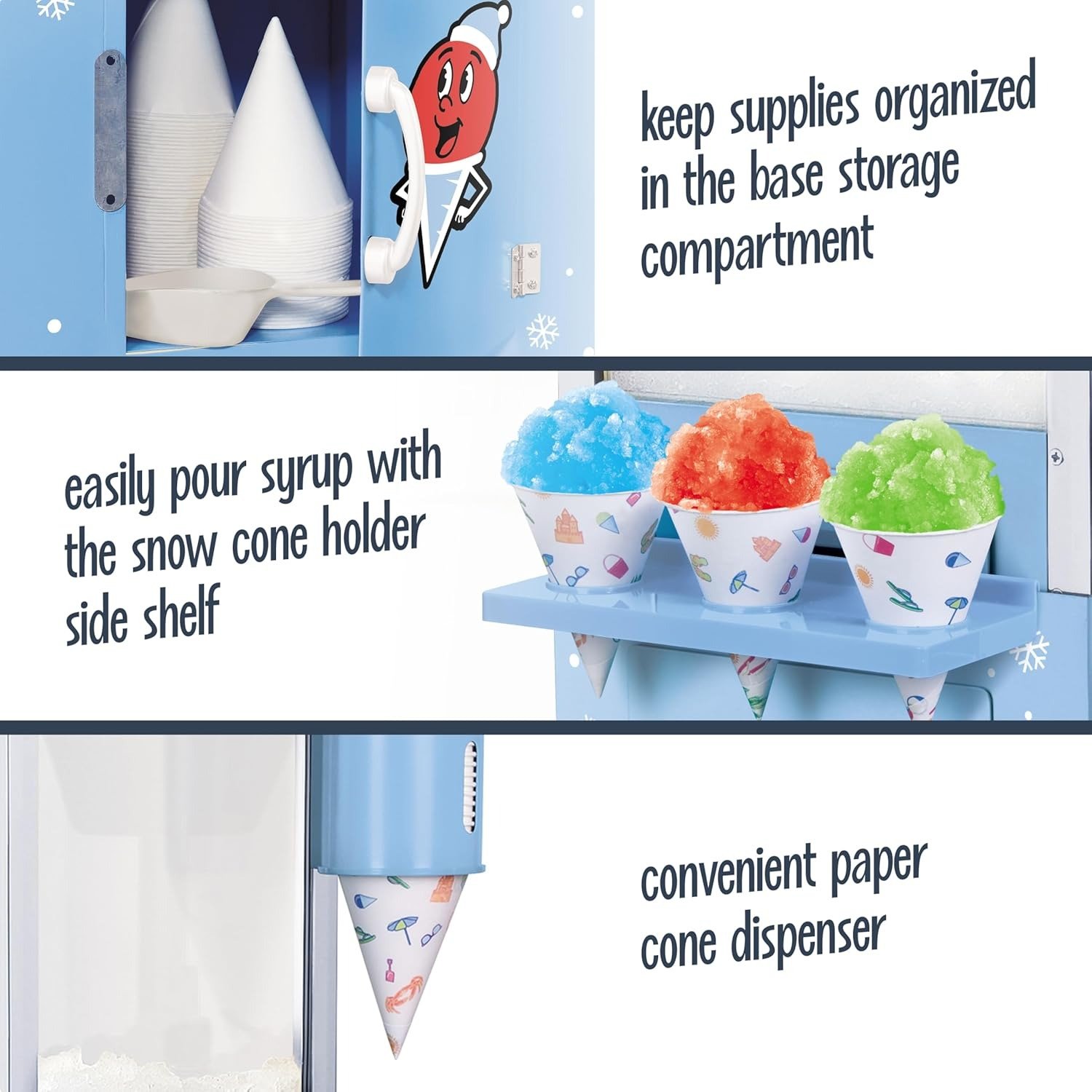 Snow Cone Shaved Ice Machine – Retro Cart Slushie Machine Makes 72 Icy Treats – Includes Metal Scoop, 2 Syrup Bottles, 100 Paper Cups/Spoons, Storage Compartment, Wheels – Blue, 54′′ Tall