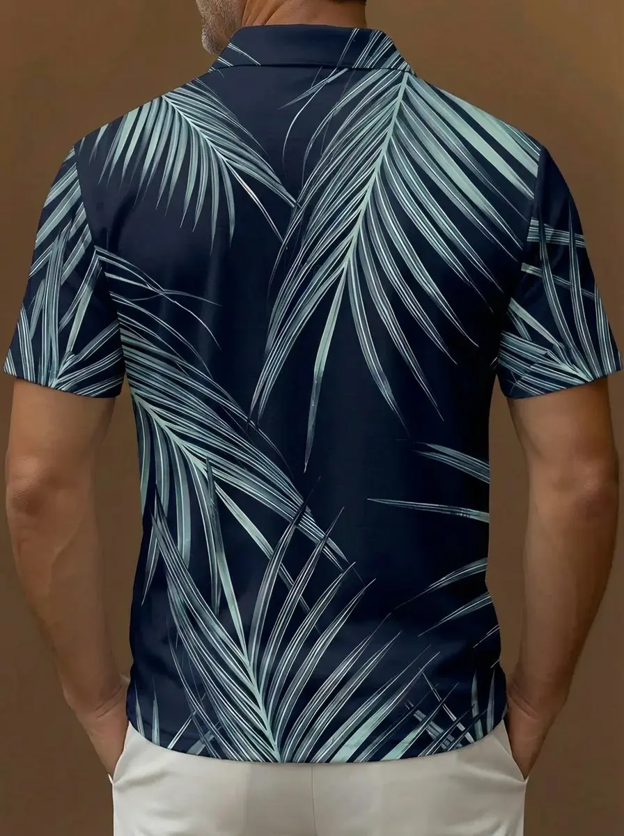 Navy Blue Light Green Palm Leaf Pattern Button Short Sleeve Golf Polo Shirt