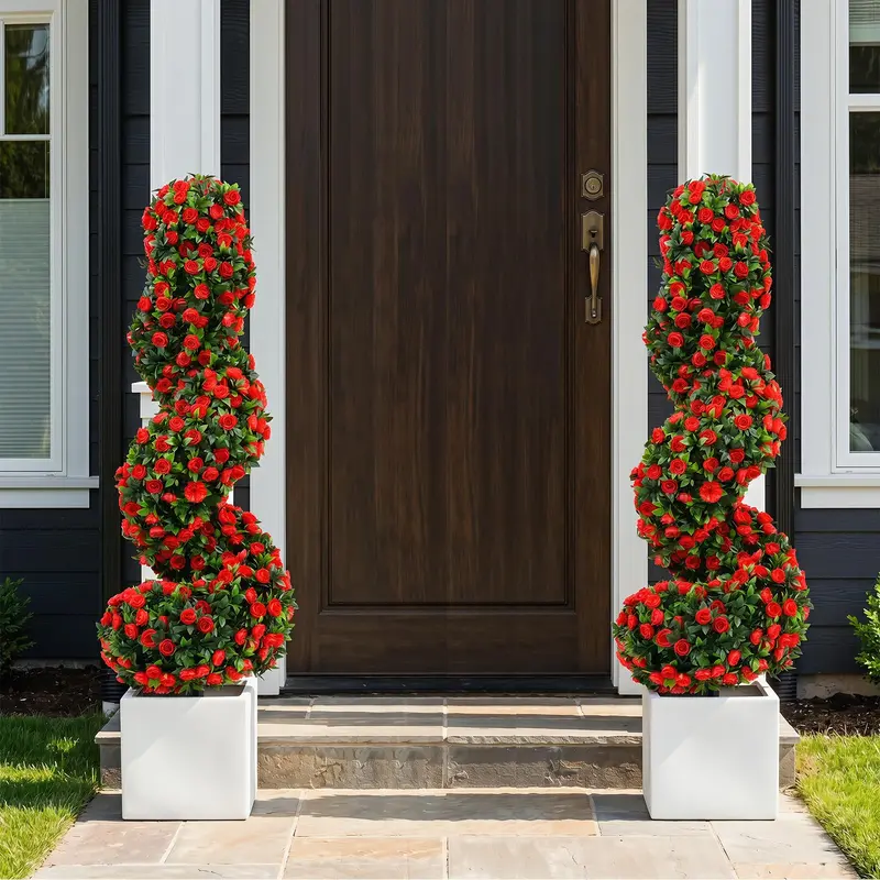 Set of Two 3-Foot Realistic Fake Rose Bushes – UV-Protected Outdoor Faux Plants with Ground Spikes