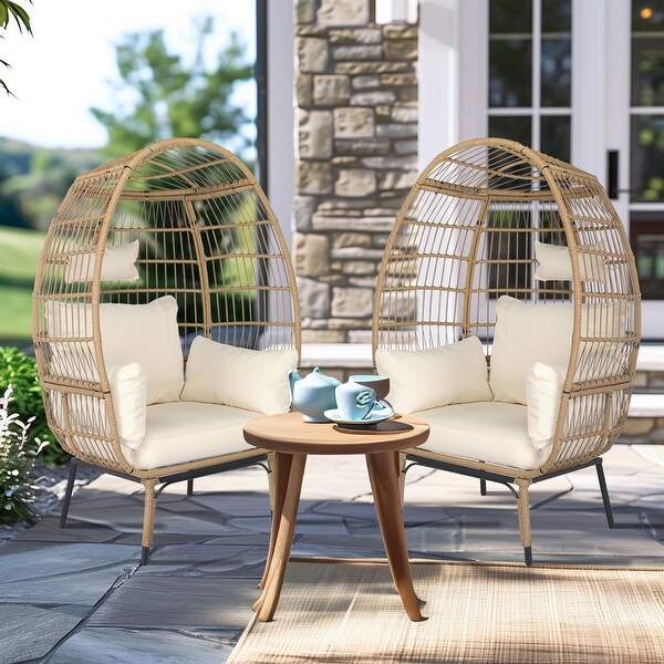 Patio Wicker Egg Chair with Beige Cushion