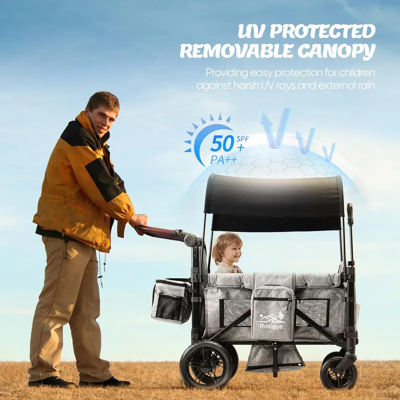 Premium 2-Child Wagon Stroller – Convertible Bassinet Option, Removable Canopy, Snack Tray, 5-Point Safety Harness & All-Terrain PU Wheels