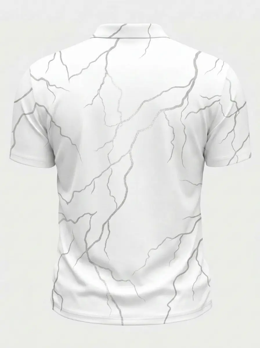 Moisture Wicking Golf Polo 3D White Silver Marble Lightning Pattern Button Short Sleeve Golf Polo Shirt