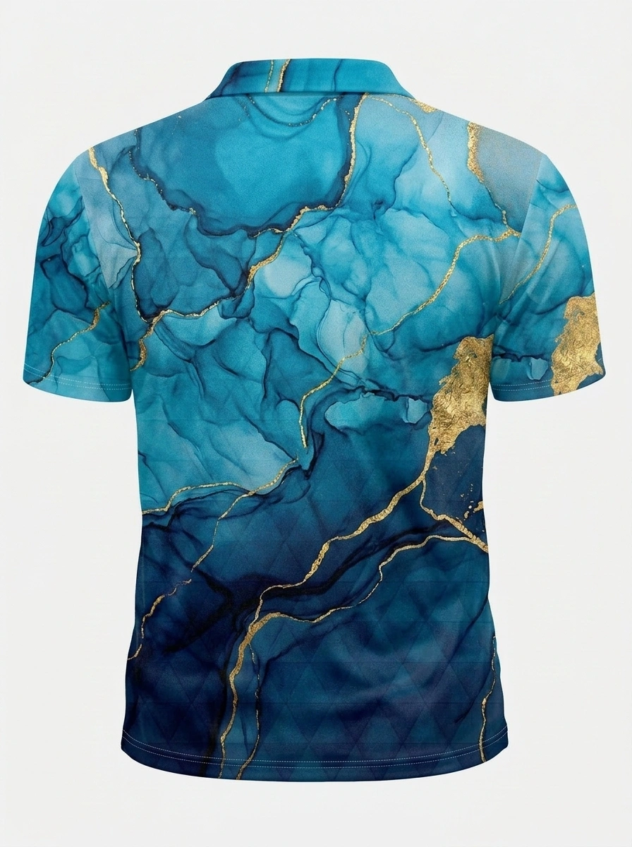 Moisture Wicking Golf Polo 3D Blue Gold Marble Button Short Sleeve Golf Polo Shirt