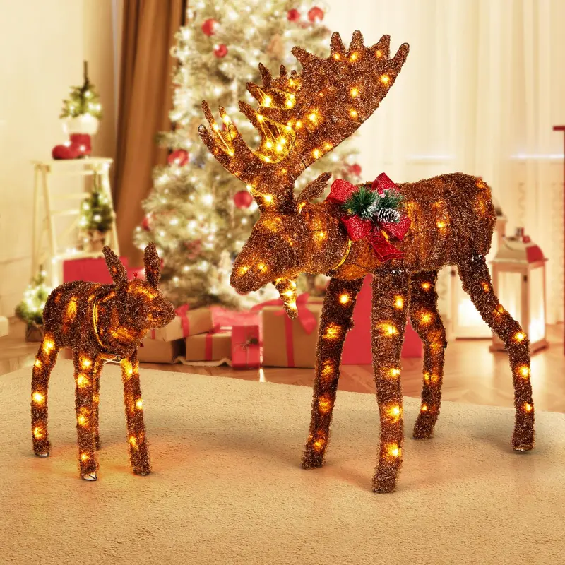 Two-Light-Up Christmas Moose Figures — Family-Themed Deer Decor with 170 Warm White LEDs
