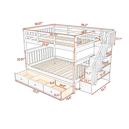 Merax Twin Over Twin Bunk Bed with Trundle, Storage Staircase and Full Length Guardrail, Solid Wood Stairway Bunk Bed, No Spring Box Needed (White)