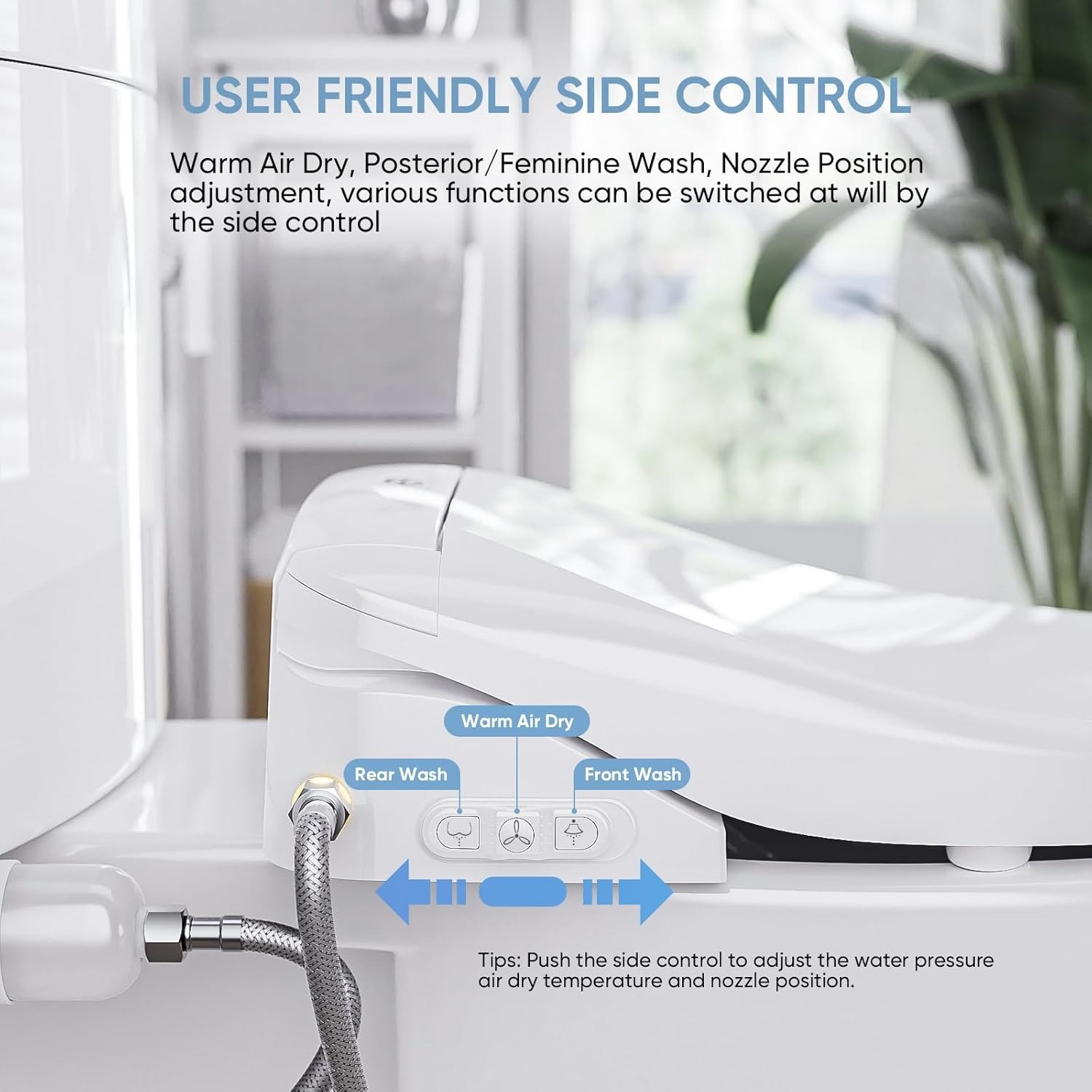 Round Electric Bidet Toilet Seat with Wireless Remote & Side Control, Warm Water & Dryer