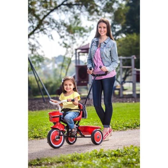 Easy-Steer Tricycle with Push/Steer Handle, ages 2 – 4, red & white, toddler bike