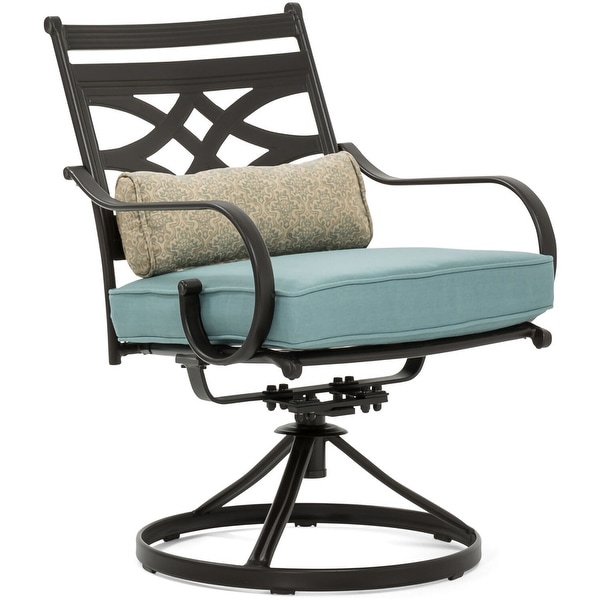 Hanover Montclair 7Piece Dining Set in Ocean Blue with 6 Swivel Rockers,40In. x 66In. Dining Table and 9Ft. Umbrella