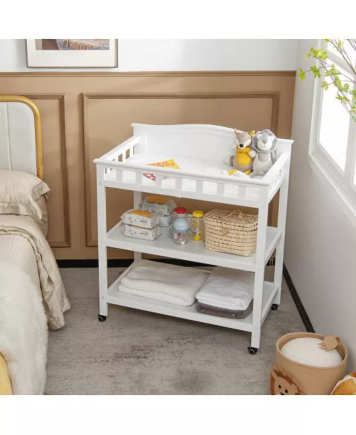 Slickblue Mobile Changing Table with Waterproof Pad and 2 Open Shelves-White