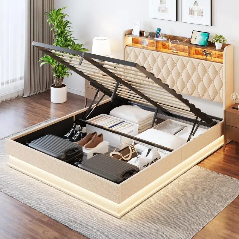 Upholstered Queen Bed Frame with Lift-Up Storage – Space-Saving Platform Base and Soft-Headboard Design