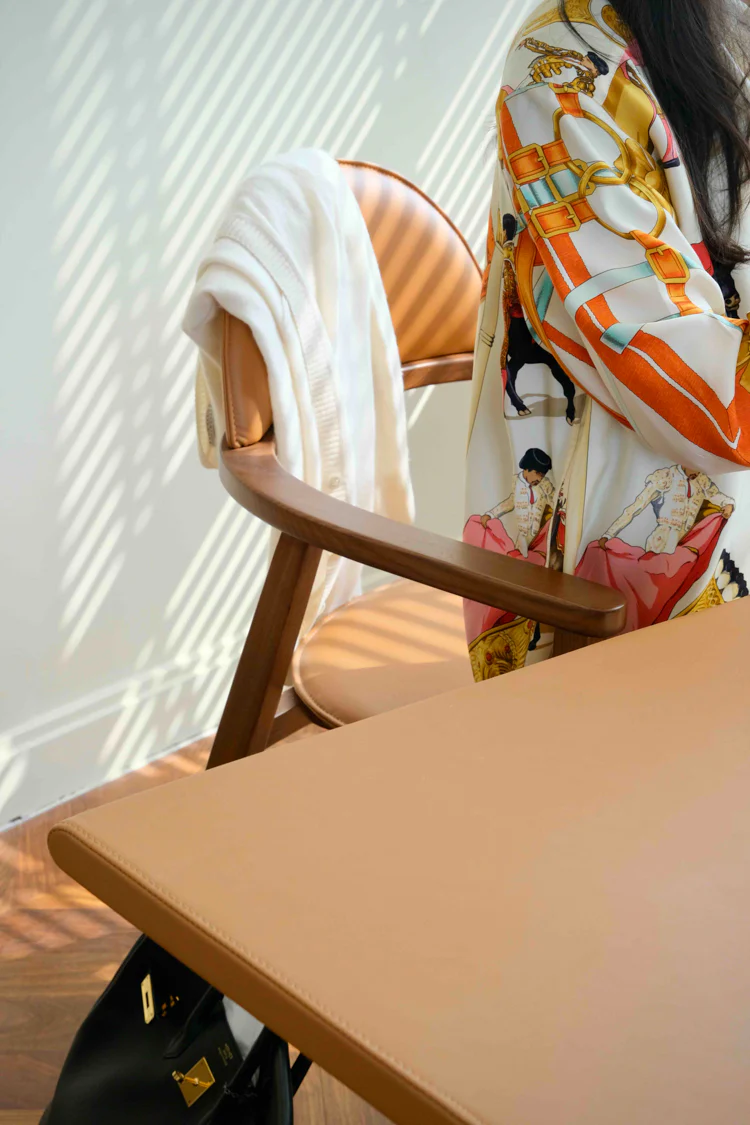 CH037 - H Gold Brown Leather Arc-shaped Desk Chair White Waxwood Armrest Study Room Furniture Set Combination Light Luxury
