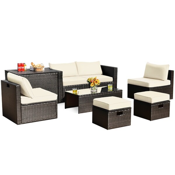 Gymax 8PCS Patio Rattan PE Wicker Conversation Set AllWeather