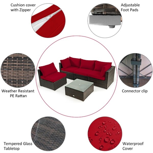 Costway 5PCS Patio Rattan Furniture Set Cushioned Sofa and Chair Coffee
