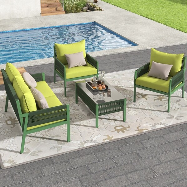 4Piece Rope Outdoor Furniture Set,Patio Conversation Set with Tempered Glass Table and Thick Cushion