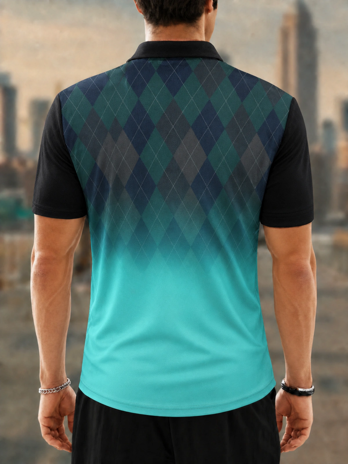 Moisture Wicking Golf Polo 3D Dark Green Argyle Gradient Button Short Sleeve Golf Polo Shirt