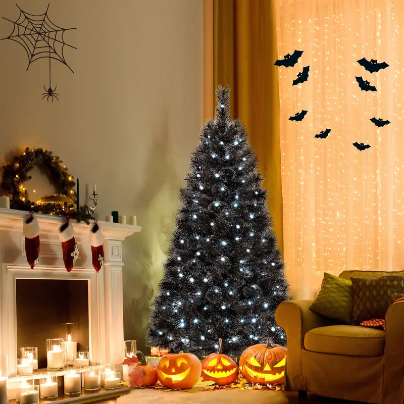 Pre-Lit Black Artificial Christmas Tree — Hinged Full-Profile Design in 6 ft, 7 ft, or 8 ft; Features 362–860 PVC Tips and Pine-Like Texture