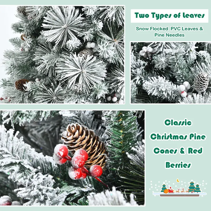 Snow-Flocked Artificial Pine Tree with Pinecones and Red Berries – Hinged Design