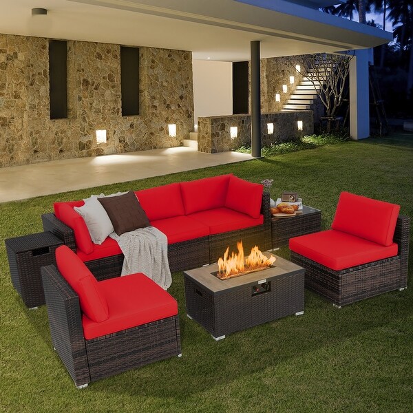 Costway 8PCS Patio Rattan Furniture Set Fire Pit Table Tank Holder